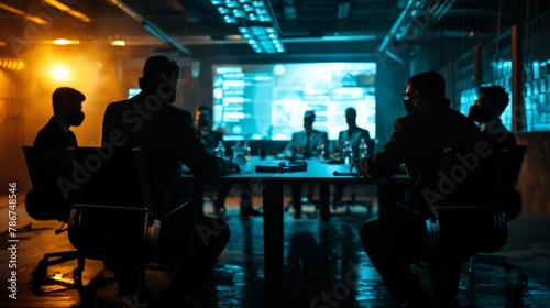 Cybersecurity professionals conducting a security briefing in a secure, undisclosed location, in a cold war era spy film style. photo