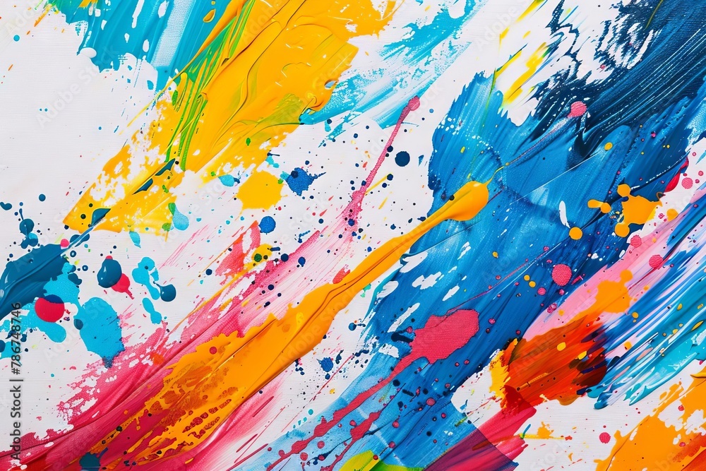 colorful paint splatters and brush strokes on white canvas abstract acrylic background - obrazy, fototapety, plakaty 