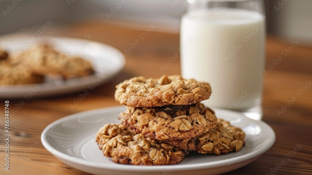 Obraz premium Freshly baked oatmeal cookies with a glass of milk