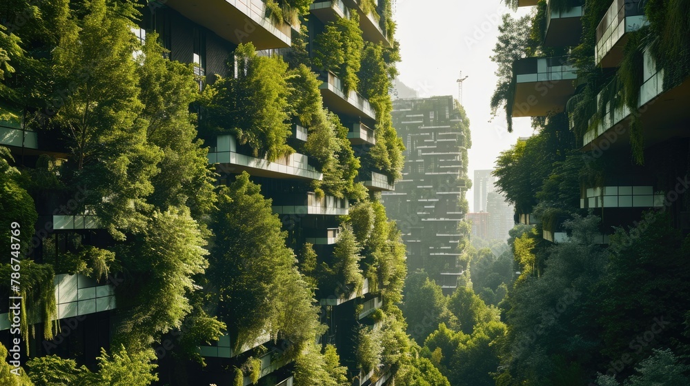 The picture about the apartment and building that has been covered with green plant or tree that covered almost every part of the buildings under the bright light from the sun in the daytime. AIGX03.