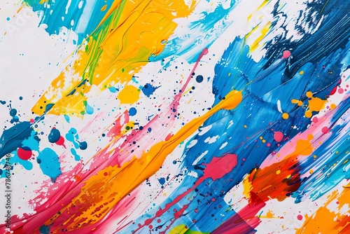 colorful paint splatters and brush strokes on white canvas abstract acrylic background