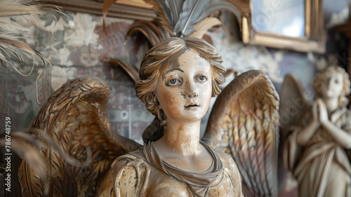 Vintage angel statue with expressive eyes and golden hues, high quality antique aesthetic