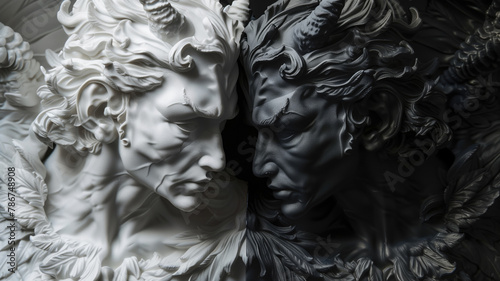 Contrasting faces of angel and demon in high-detail sculpture, monochromatic artistry
