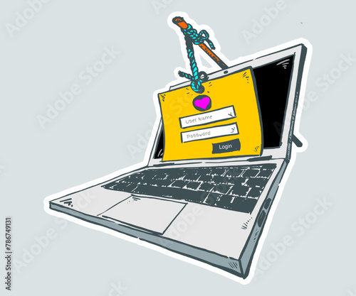 A piece of yellow paper hanged right in front of a laptop screen display, acting as a login form, attempting to steal user name and password information. Phishing concept in ink hand drawing.