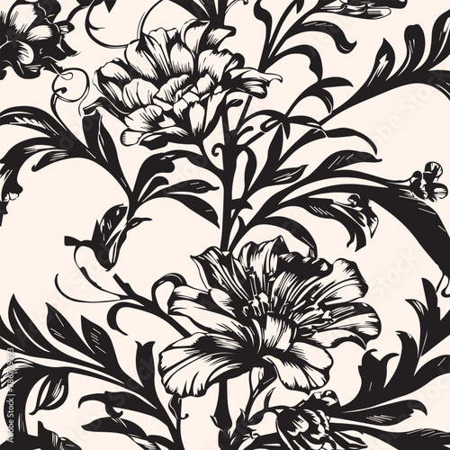 Fototapeta Naklejka Na Ścianę i Meble -  Seamless Black And White Floral Velvet Pattern On White Background