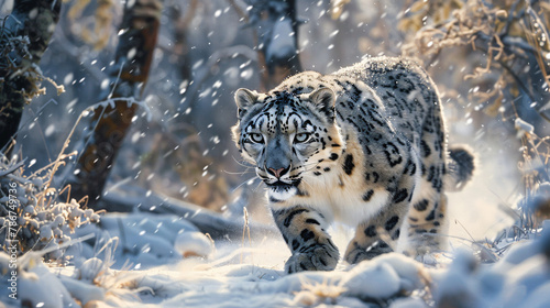 Elegant snow leopard prowling through a snowy photo