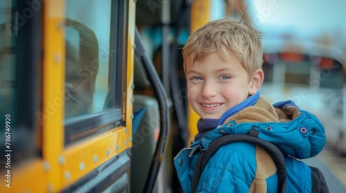 A young boy is getting on the school bus in the morning. © Sittipol 