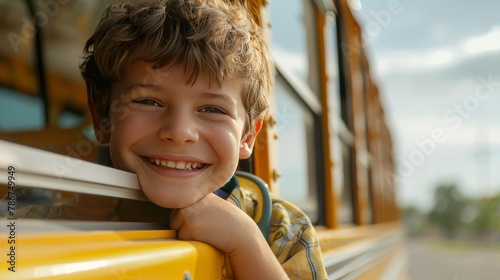 Image of a happy smiling boy looking out the window of a school bus