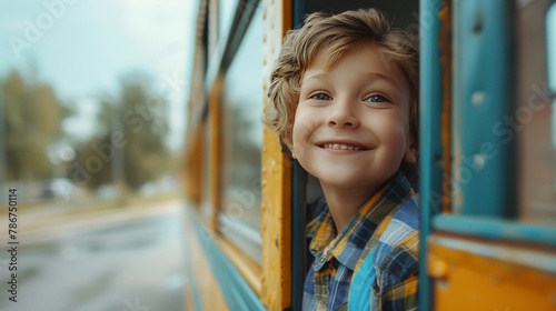Little boy with backpack getting on school bus