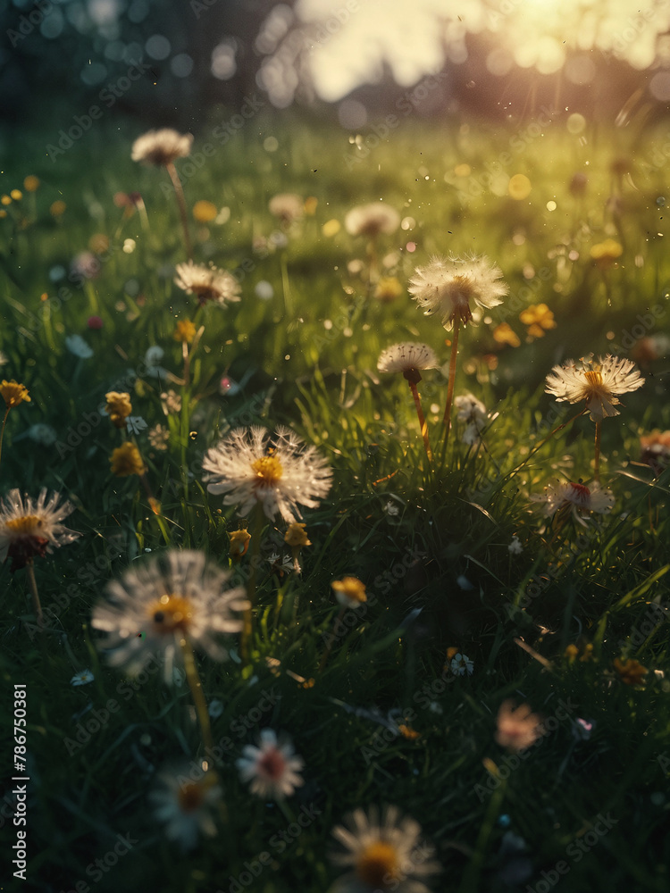 Generative AI Close Up of a Dandelion Flower in a Garden with a Warm Morning Atmosphere Generative AI Close Up of a Dandelion Flower in a Garden with a Warm Morning Atmosphere
