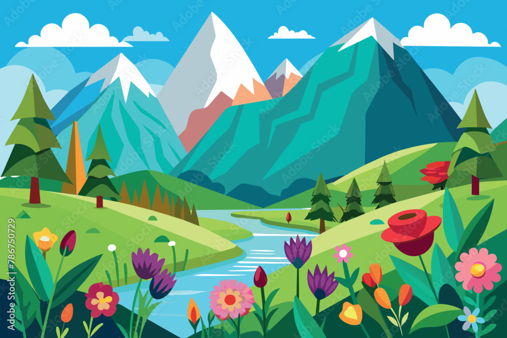 Naklejka premium Flower And Mountain Landscape cartoon vector Illustration flat style artwork concept