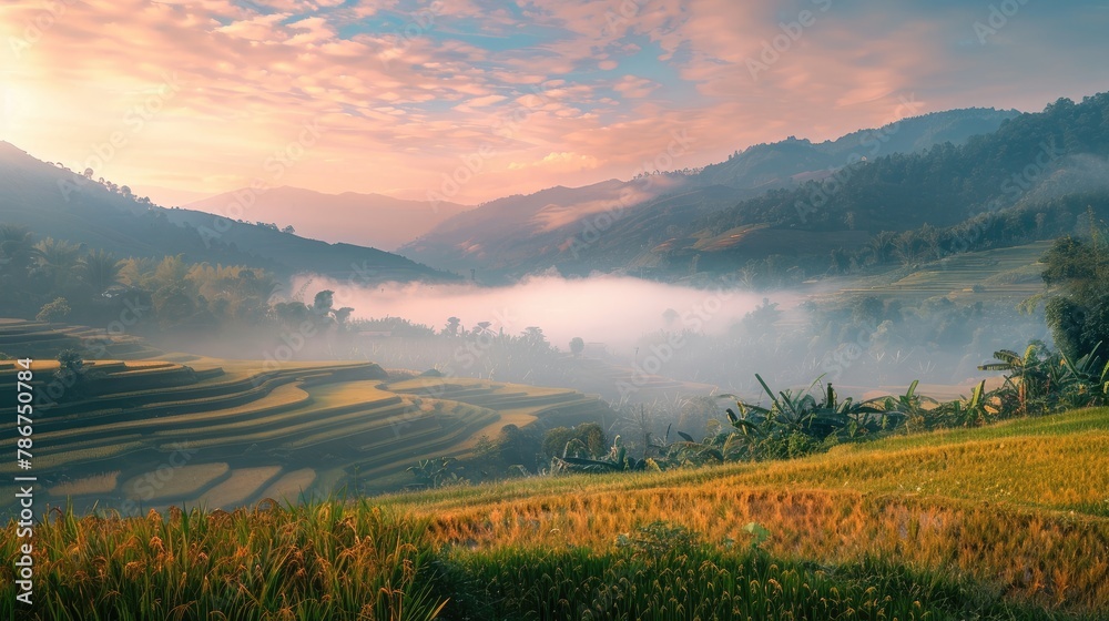 A rice field with a misty sky and mountains in the background. The sky was a mix of blue and orange. It creates a calm and peaceful atmosphere.