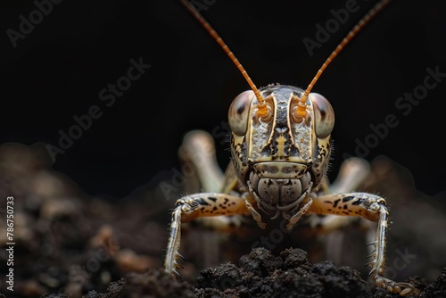 detailed grasshopper portrait on dark background insect macro photography © Lucija