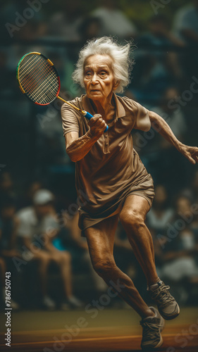 senior old lady playing badminton tennis, old people doing fitness exercises 