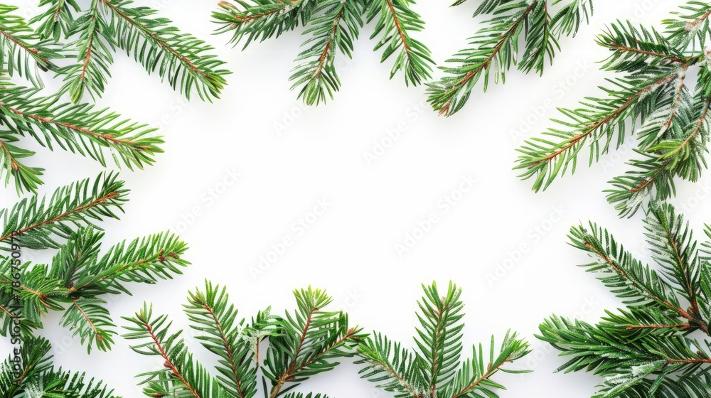 Evergreen Tree Branch Frame Isolated on White Background