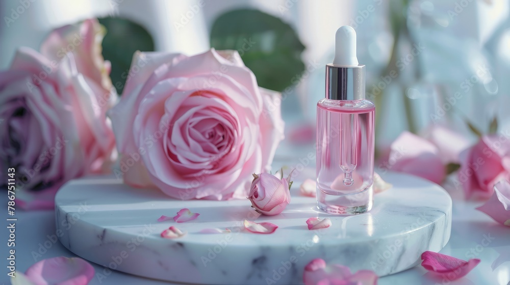 Glass dropper bottle with serum on a marble podium on a white table with tender pink roses and rose petals. Glass dropper bottle with serum on a marble podium on a white table with tender pink roses and rose petals.