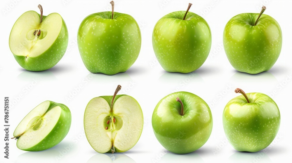 Green apple isolate. Apples on white background. Whole, half, slice green apple set with clipping path. Green apple isolate. Apples on white background. Whole, half, slice green apple set with clipping path.