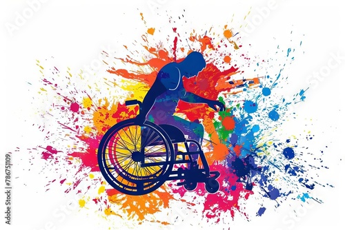 disabled basketball player in wheelchair colorful splatter paint silhouette inspiring vector art © Lucija
