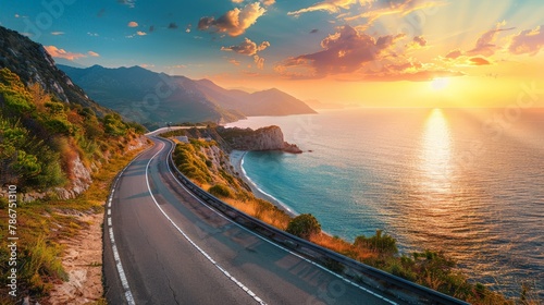 highway landscape at colorful sunset. Road view on the sea. colorful seascape with beautiful road.