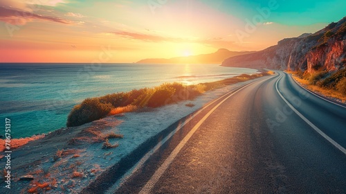highway landscape at colorful sunset. Road view on the sea. colorful seascape with beautiful road.