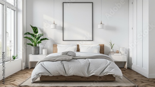 Interior of modern master bedroom with white walls, wooden floor, comfortable king size bed with two white bedside tables and horizontal mock up poster.