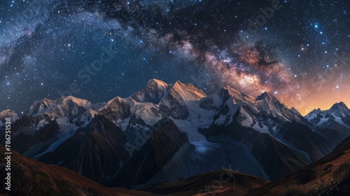 Night landscape. Starry sky with the Milky Way over the mountains. Mount Ushba in the light of the rising moon.