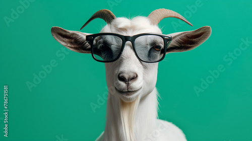funny goat with glasses eating grass, funny bakra eid, eid ul adha, eid mubarak wallpaper with copy space photo