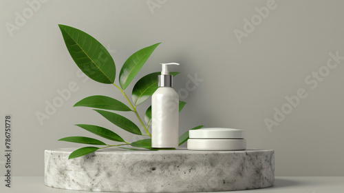 Osmetic bottle podium and green leaf on gray