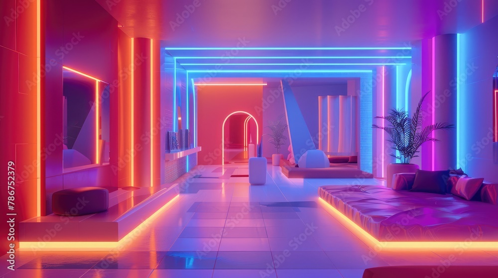 Surreal geometric shapes and glowing neon lights create abstract, futuristic floors and walls in a modern room.