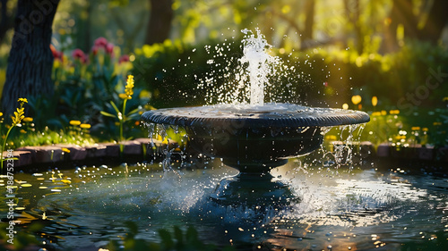  The soothing sound of water trickling from a fountain, its gentle murmur adding to the tranquil ambiance of a spring garden paradise. 
 photo