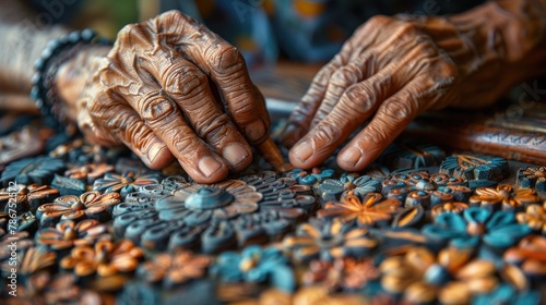 Close-up of hands crafting intricate traditional artwork, showcasing skilled craftsmanship and cultural heritage