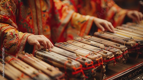 Close-up of traditional musical instruments being played, capturing the passion and rhythm of Asian music photo