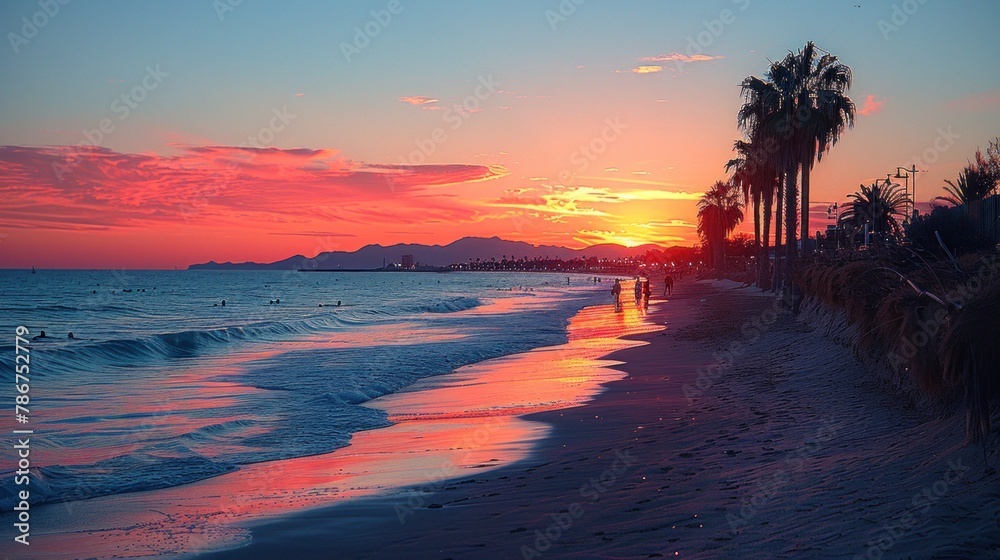 Panoramic view of a serene beach at sunset, with silhouettes of palm trees and people enjoying water activities