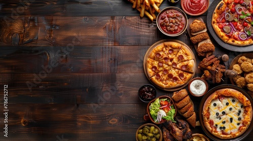 Buffet table scene of take out or delivery foods Pizza hamburgers fried chicken and sides Above view on a dark wood background