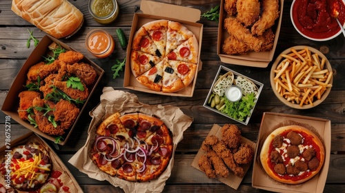 Buffet table scene of take out or delivery foods Pizza hamburgers fried chicken and sides Above view on a dark wood background