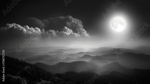 Realistic photo. Mountain view, in wilderness, look from high, beautiful sky night with lighting moon and stars, black and white, in dark night.