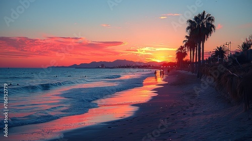 Panoramic view of a serene beach at sunset, with silhouettes of palm trees and people enjoying water activities