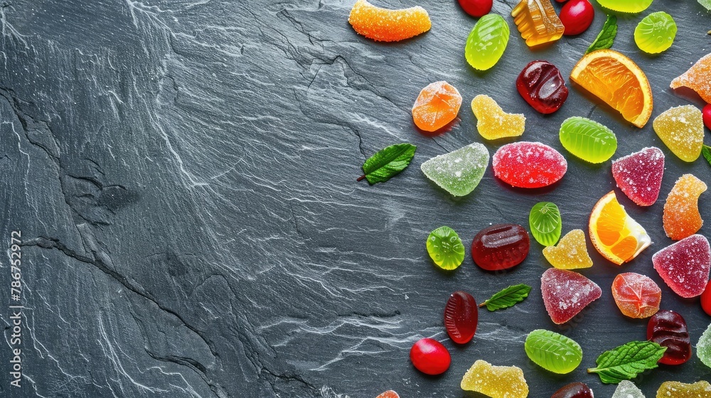 Colorful candies, jelly and marmalade on stone background. Top view with copy space Colorful candies, jelly and marmalade on stone background. Top view with copy space
