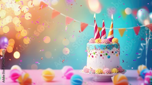 Colorful birthday party background with birthday cake and party hats