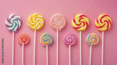 Colorful sweet lollipops over pink background. Flat lay, top view