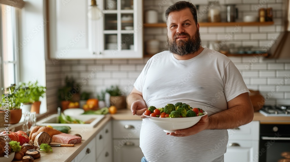 Portrait of happy man holding bowl with fresh vegetables while standing in kitchen. Health concept Portrait of happy man holding bowl with fresh vegetables while standing in kitchen. Health concept