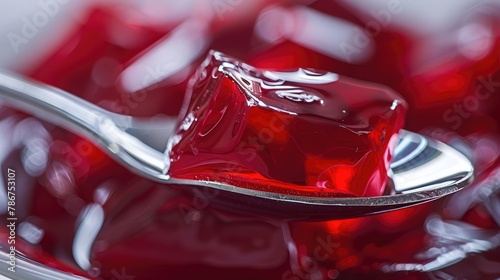 Eating red jelly or jello, spoonful of jelly on the top Selective Focus, Focus in the middle of the image photo