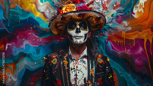  A man dressed in Dia de los Muertos attire, complete with a colorful hat on his head, set against a background of swirling colors, with white costume makeup on his face. 
 photo