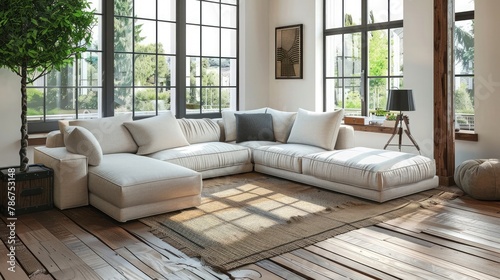 Elegant and comfortable designed living room with big corner sofa, wooden floor and big windows © buraratn