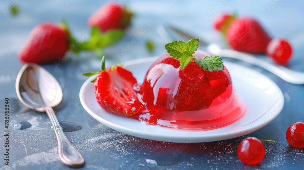 Fruit jelly with fresh strawberry. Healthy food. Strawberry jelly on white plate. Summer dessert with fruit jelly and fresh strawberry. Fruit jelly with fresh strawberry. Healthy food. Strawberry jelly on white plate. Summer dessert with fruit jelly and fresh strawberry.