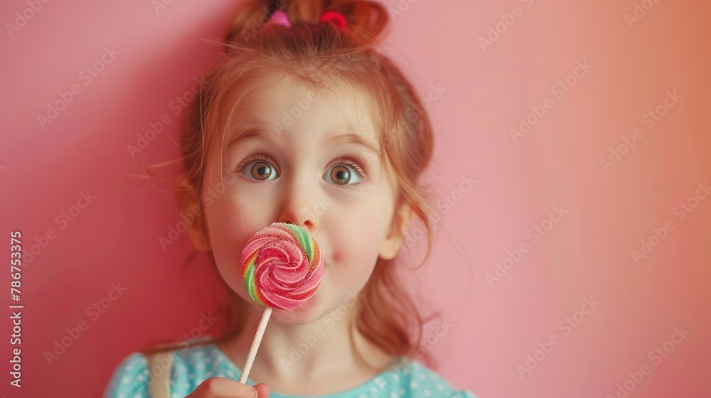 Funny child with candy lollipop, happy little girl eating big sugar lollipop, kid eat sweets. surprised child with candy. isolated on bright background, studio. Beautiful little girl with lollipop