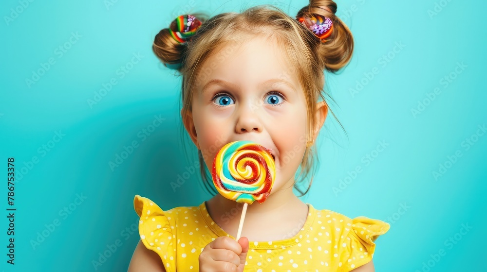 Funny child with candy lollipop, happy little girl eating big sugar lollipop, kid eat sweets. surprised child with candy. isolated on bright background, studio. Beautiful little girl with lollipop