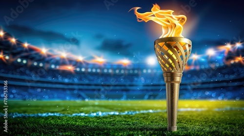 3d rendering. Flame burns in Olympic torch against blurred sports arena