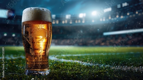 Glass of beer on football stadium background photo