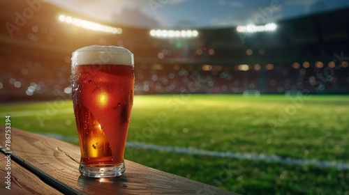 Glass of beer on football stadium background